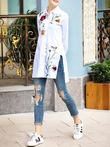 White Embroidered High Low Shirt with Slit