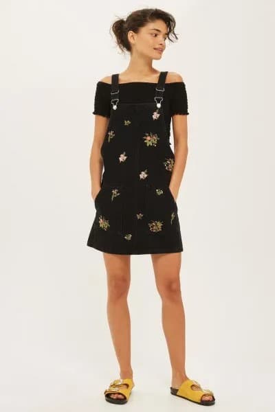 Black Floral Pinafore Dress with Off Shoulder Top