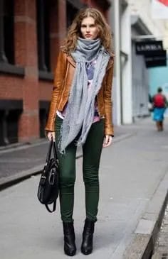 Brown Leather Jacket with Grey Turtleneck Top & Matching Scarf