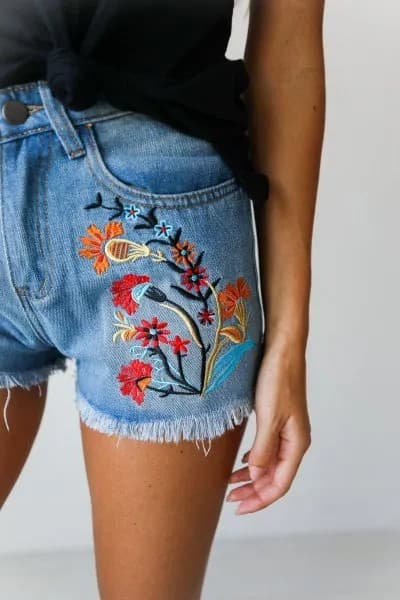 Black Tank Top with Blue Floral Embroidered Jean Shorts