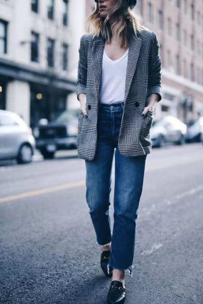 Tweed Blazer with White V Neck T Shirt & Blue Straight Leg Jeans