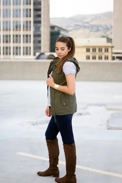 Hooded Vest with Grey T Shirt & Knee High Boots