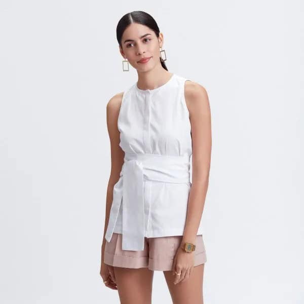 White Tie Waist Sleeveless Shirt with Pink Mini Shorts