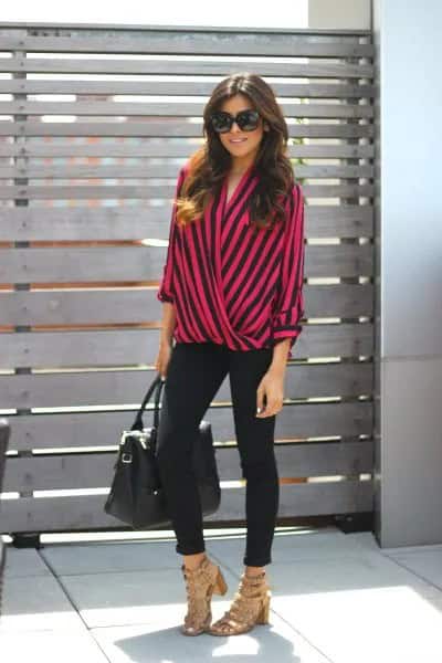 Green and Black Striped Wrap Blouse & Black Skinny Jeans