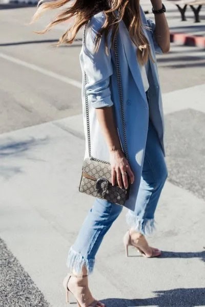 Sky Blue Long Blazer with Fringe Jeans