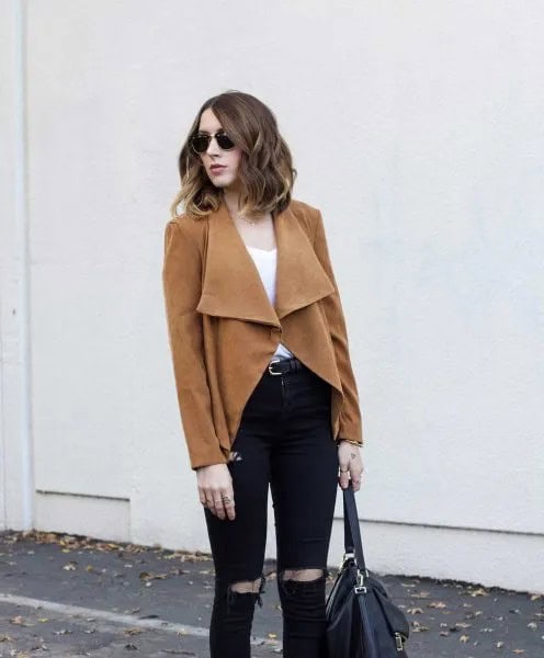 Brown Blazer Coat with Black Ripped Slim Fit Jeans