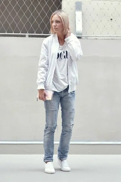 Pure White Bomber Jacket with Print Tee & Blue Straight Leg Jeans