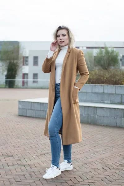 Camel Midi Length Wool Coat with White Mock Neck Form Fitting Sweater