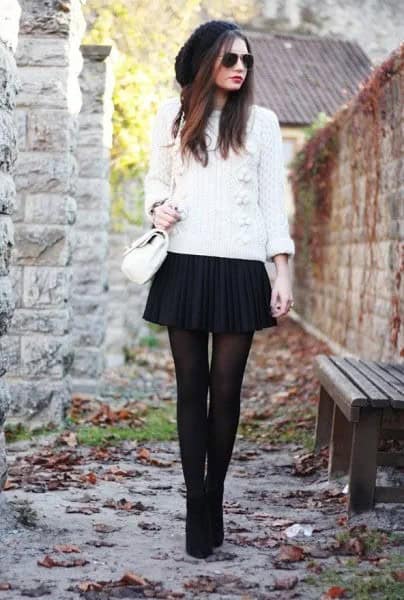 White Knit Sweater with Black Mini Skirt