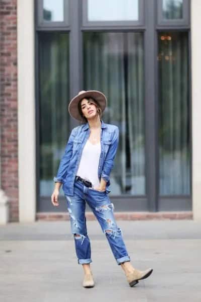 Oversized Blue Denim Shirt with Cuffed Boyfriend Jeans