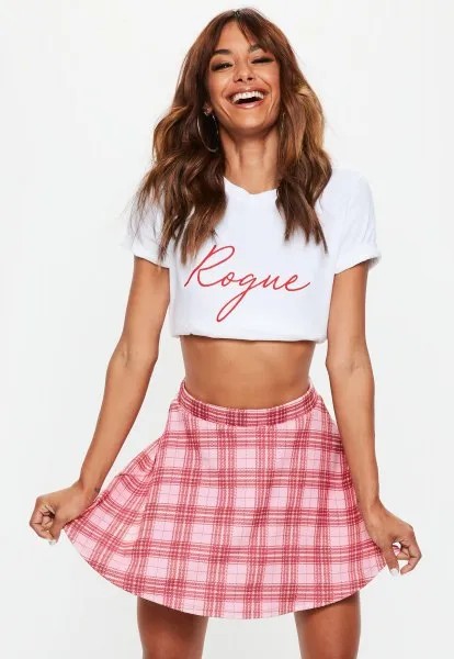 White Cropped Graphic T Shirt with Pink Plaid Mini Skirt