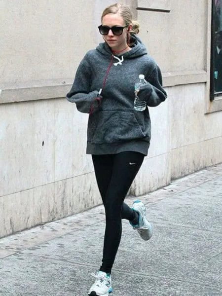 Grey Relaxed Fit Hoodie with Black Running Leggings