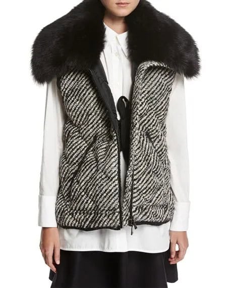 Faux Fur Quilted Tweed Vest with White Blouse