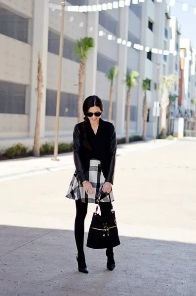 Black and White Skater Flannel Skirt with Cardigan