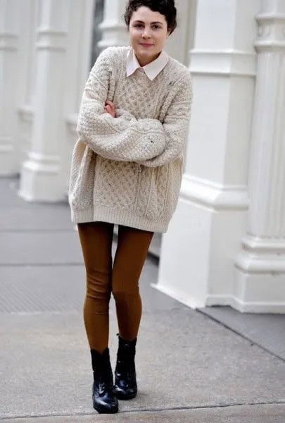 Pale Pink Cable Knit Oversized Sweater with White Collar Shirt