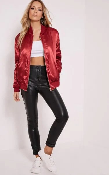 Red Shiny Oversized Bomber Jacket with White Crop Top & Leather Pants