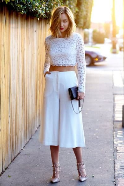 White Long Sleeve Lace Crop Top with Culottes