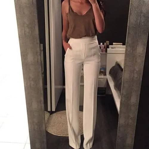 Grey Camisole with White High Waisted Wide Leg Trousers