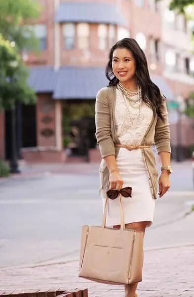 White Bodycon Dress with Belted Cardigan