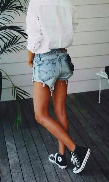 Black High Top with Denim Shorts and White Shirt