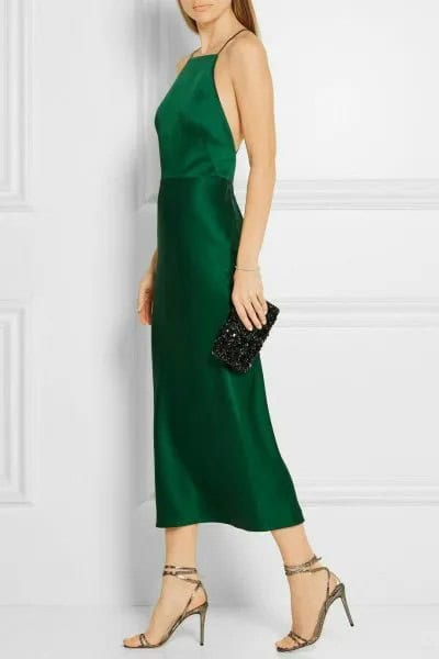 Fit and Flare Halter Green Silk Dress with Clutch Purse