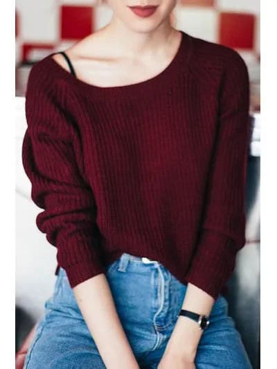 Burgundy Ribbed Boat Neck Sweater Over Vest Top