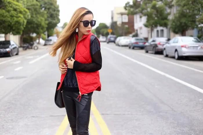 Red Quilted Vest with All-Black Outfit