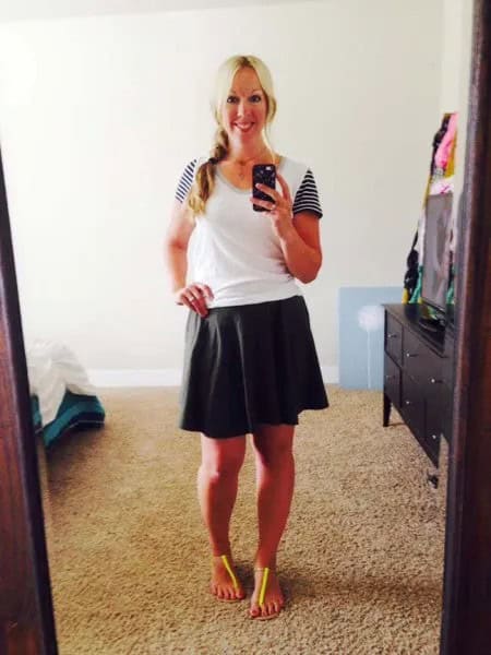 Black Skater Skirt & White Scoop Neck T Shirt with Striped Sleeves