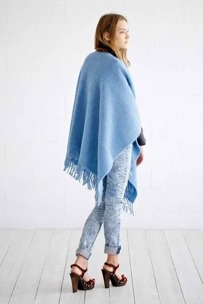 Sky Blue Fringe Wool Poncho with Skinny Jeans