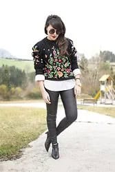 Black Embroidered Sweatshirt with White Button Up Shirt & Leather Leggings