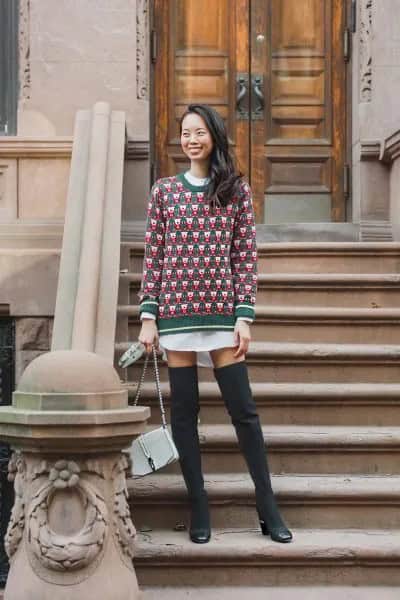 Grey Printed Chunky Sweater with White Shirt Dress & Thigh High Boots