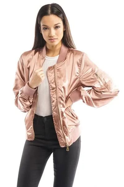 Gold Oversized Bomber Jacket with White Ribbed Sweater