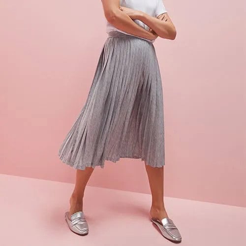 White T Shirt with Light Grey Pleated Midi Skirt & Silver Dress Shoes