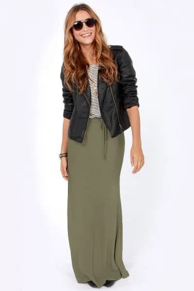 Black Moto Leather Jacket with Olive Maxi Skirt