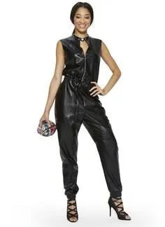 Black Sleeveless Choker Neck Gathered Waist Leather Jumpsuit