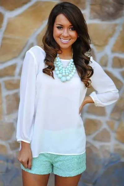 Mint Green Chiffon Long Sleeve Blouse with Pale Pink Mini Shorts