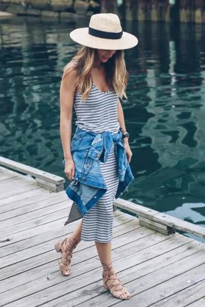 Straw Hat with Navy and White Striped Sheath Midi Dress