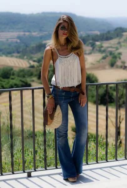 White Vest Top with Fringe Details