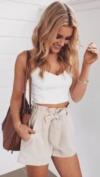 White V Neck Cropped Tank Top with Pale Pink Ribbon Front Flowy High Rise Shorts