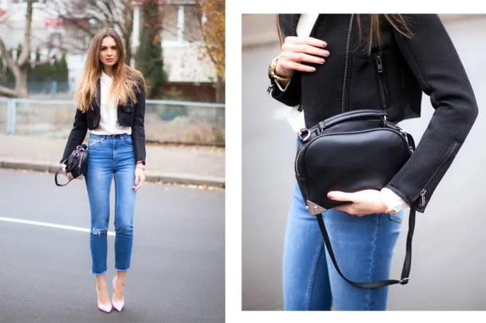 Black Cropped Blazer with White Chiffon Button Up Shirt & Blue Jeans