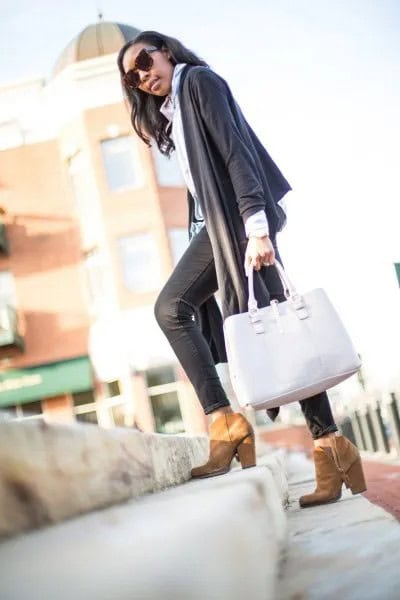 Grey Shawl Sweater with Light Blue Collar Shirt & Black Coated Skinny Jeans