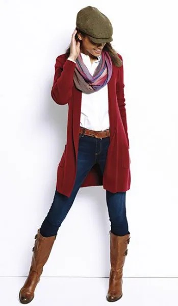 Red Longline Cardigan with White Shirt & Flat Hat