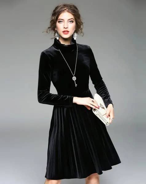 Black Long Sleeve Mock Neck Velvet Midi Pleated Dress