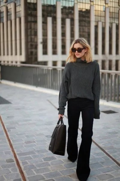 Grey Crew Neck Chunky Sweater with Black Flared Jeans