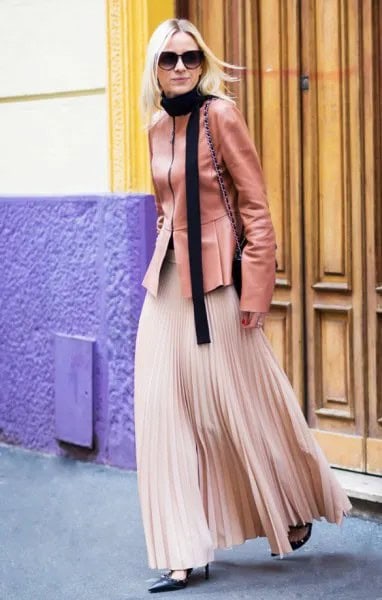 Blush Pink Leather Jacket with Rose Gold Maxi Pleated Skirt