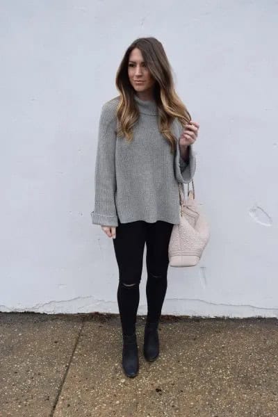 Grey Cowl Neck Top with Black Super Skinny Jeans