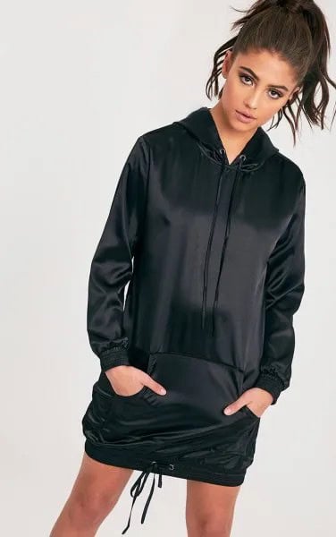 Black Satin Hoodie Dress with White Sneakers