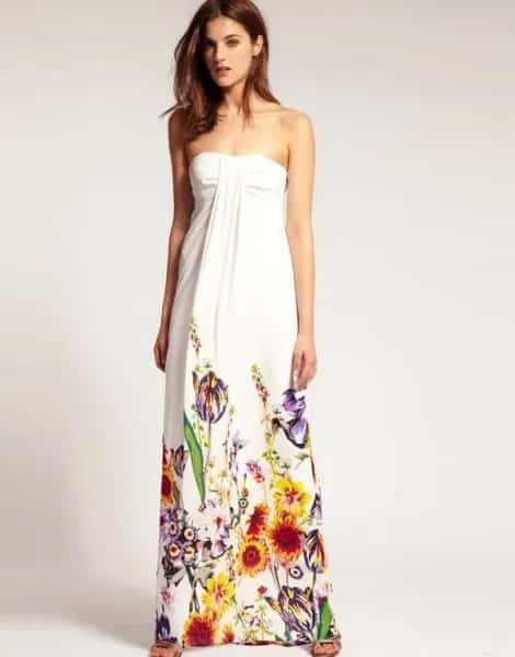 White Maxi Strapless Dress with Colorful Floral Printed Details