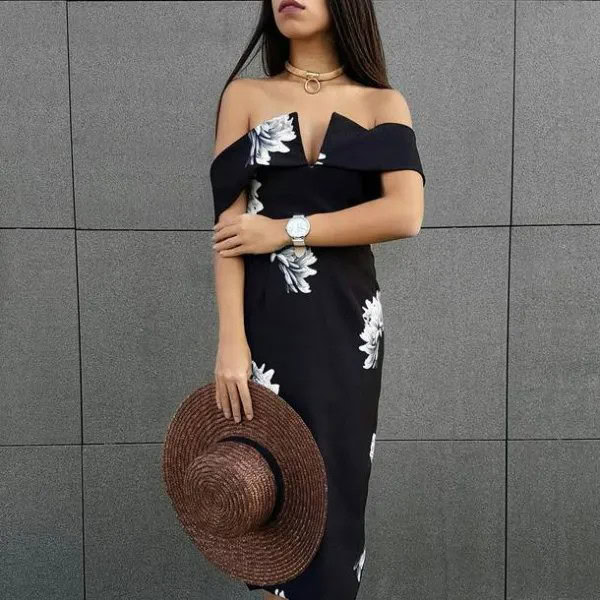 Black Off the Shoulder Deep V Neck Midi Dress with Gold Choker