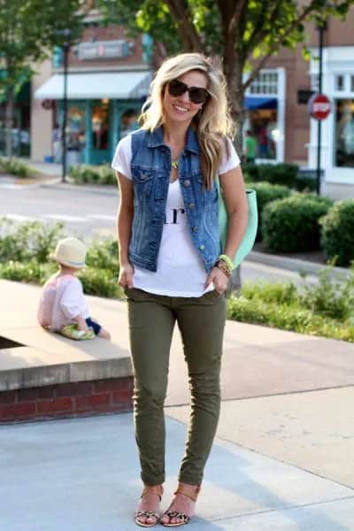 Blue Denim Vest with Green Slim Fit Jeans & Flip Flops